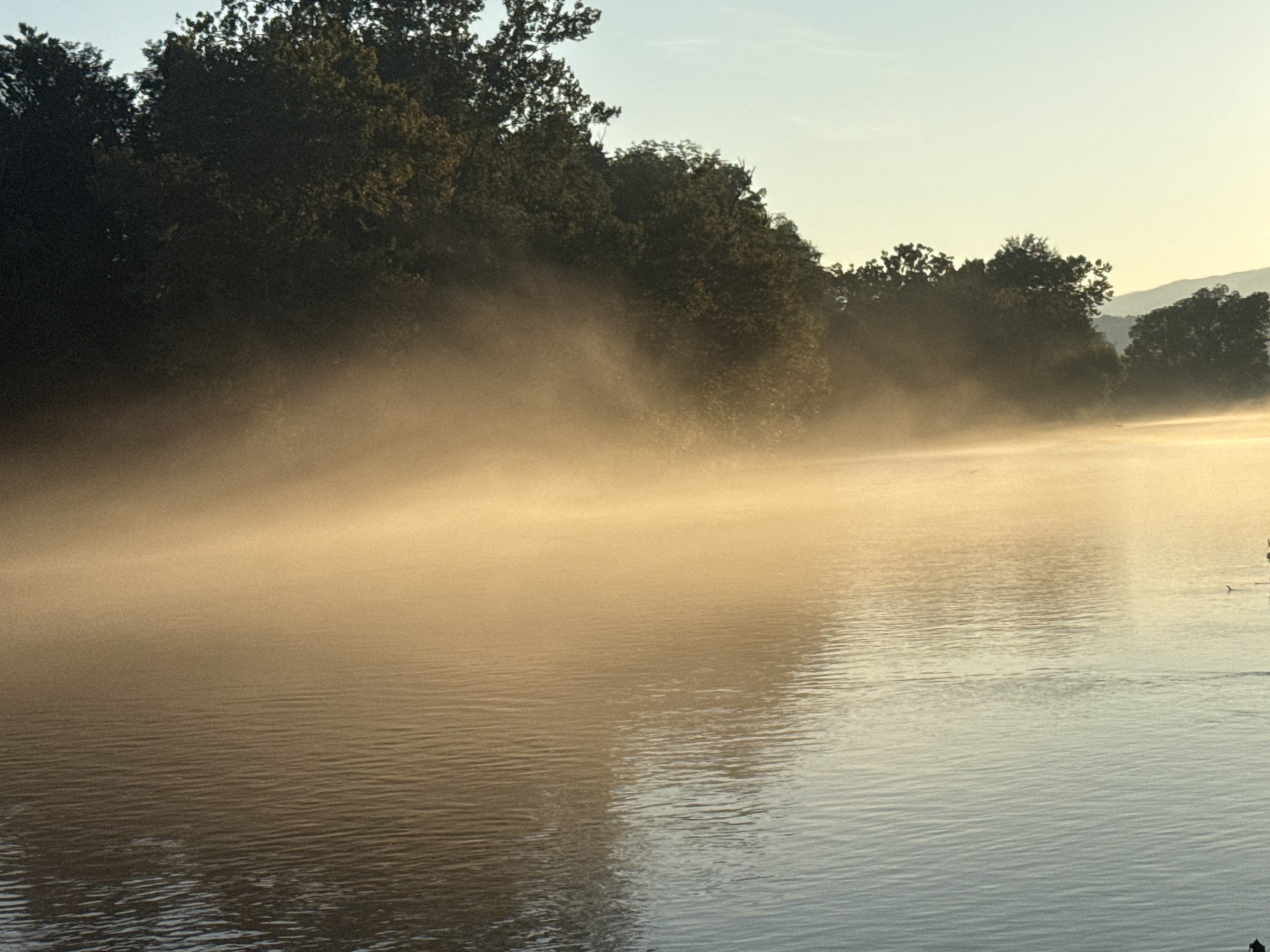 Golden dawn haze on the Watauga from the dock